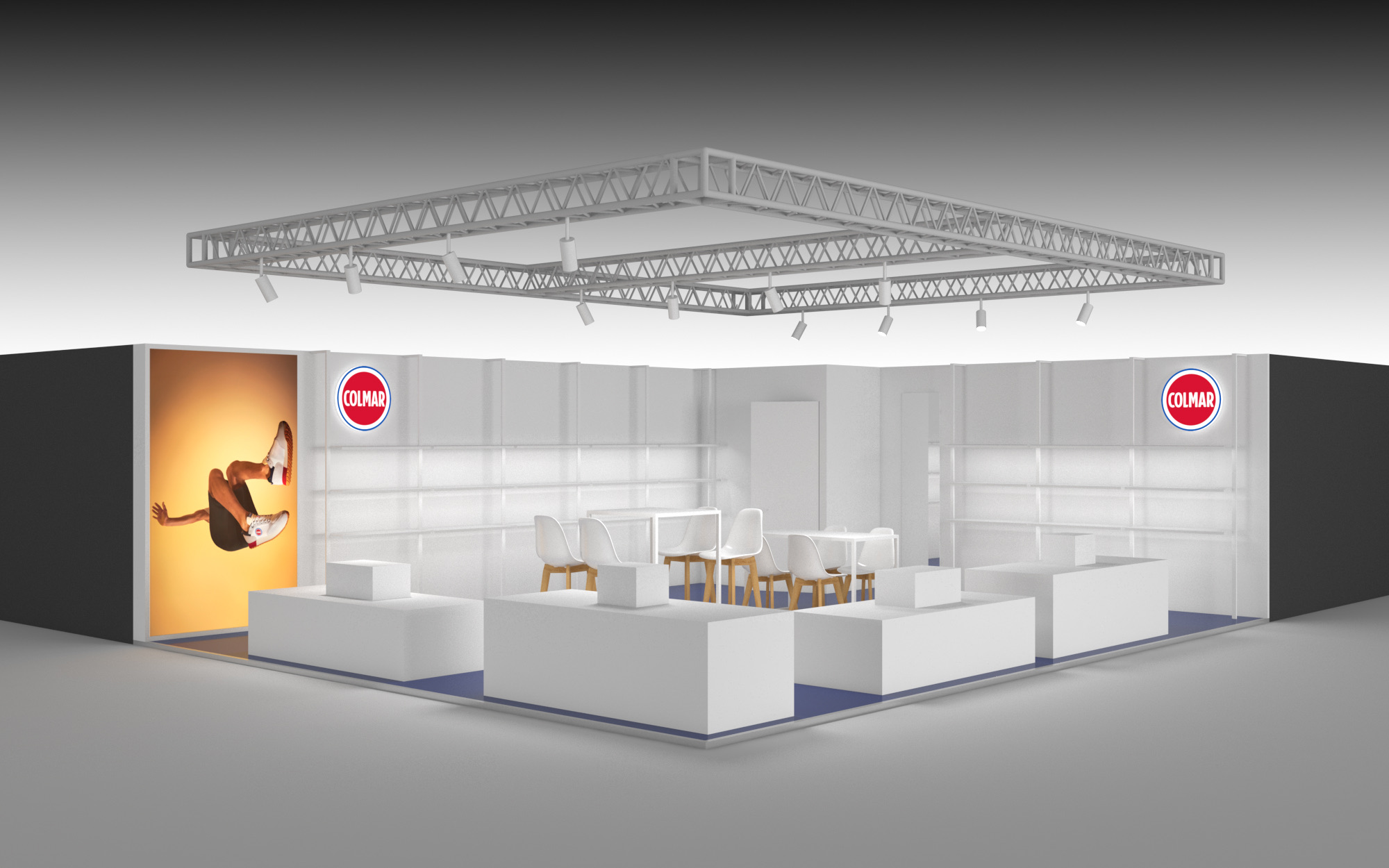 Render 3D dello stand Colmar, con pareti espositive, banchi e illuminazione sospesa.