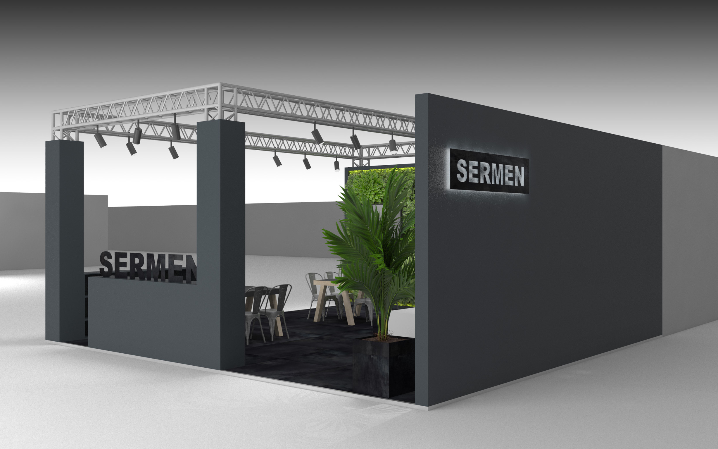 Render 3D dello stand Sermen, con banco di accoglienza, area incontri e illuminazione sospesa.